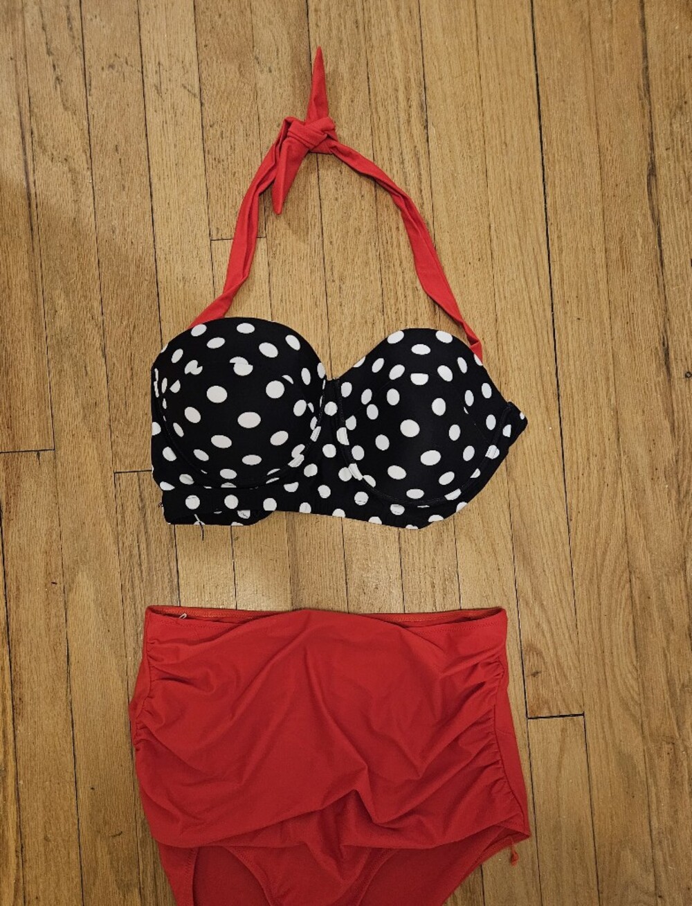 Polka Dot Black & White Halter Bikini Top with Red Ruched High-Waist Bottoms